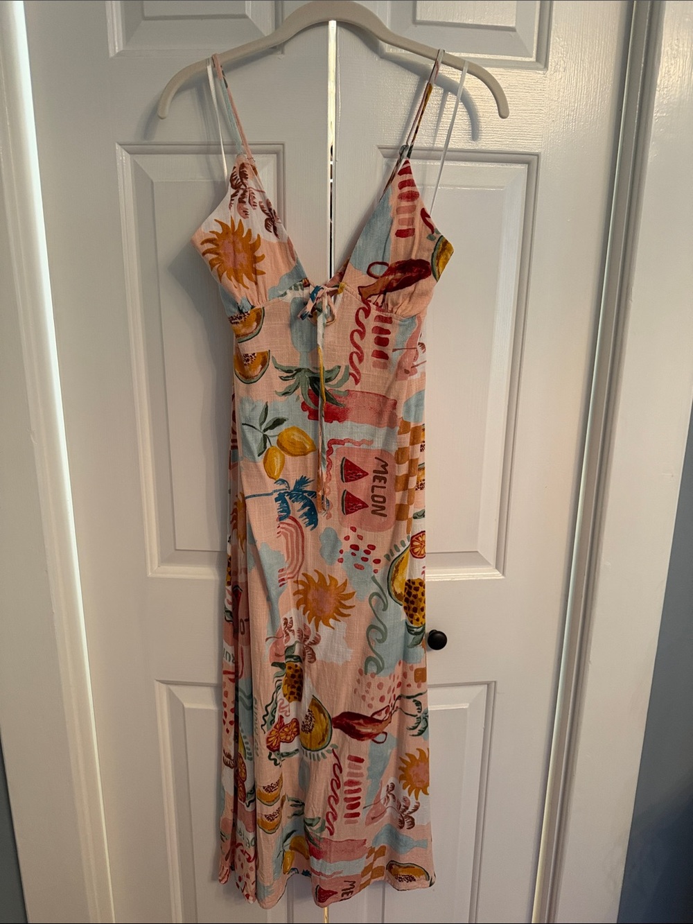 Pink Multi Tropical Fruit Midi Slip Dress with Adjustable Straps